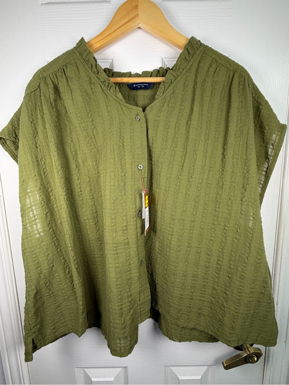 Denver Hayes Olive Green Textured Button-Down Women's XL Ruffle Neck Boho NWT